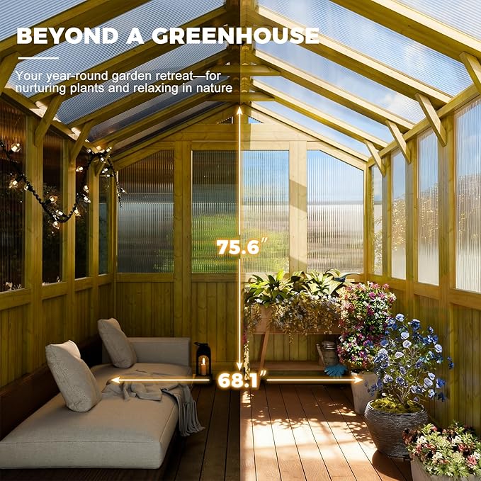 6x8 FT Wood Greenhouses for Outdoors Heavy Duty, Outdoor Greenhouse Kit with Adjustable Roof Vent and Reinforced Panels, Walk in Polycarbonate Greenhouse for Outside Backyard Garden Yard, Natural