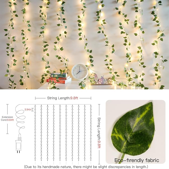 suddus 300 LED Vines with Lights Plug in, 9.8ft x 9.8ft Fairy Lights with Vines, Pothos Curtain Lights for Wall, Bedroom, Dorm, Wedding, Party, Indoor, Outdoor Decor(Warm White)