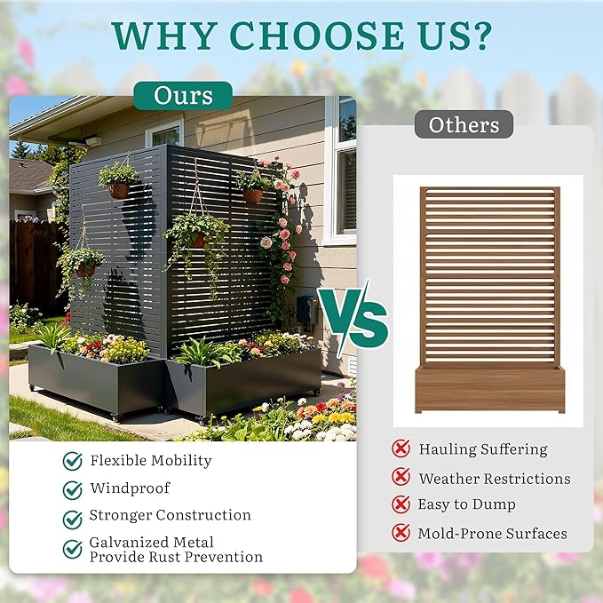 Metal Planter Box with Trellis, Galvanized Steel Raised Garden Bed with Privacy Screen, Lockable Casters, 73"x47"x16" Planter with Drainage Holes for Outdoor Climbing Plants, Vegetables, Patio