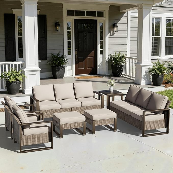 Joyside Outdoor Patio Chairs, 7 Pieces Wicker Rattan Furniture Set, 2 Patio Chairs, 2 Sofa, 2 Ottoman and 1 Table, Metal Wide Armrest, Thick Cushions and Deep Seating for Garden, Backyard, Porch