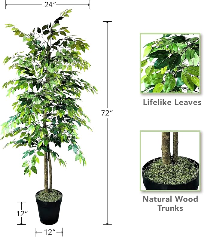 LCG Florals 6ft Artificial Ficus Tree in Black Plastic Pot - Real Wood Trunk, Preassembled, No Maintenance Indoor Faux Plant - Living Room, Home & Office Decor