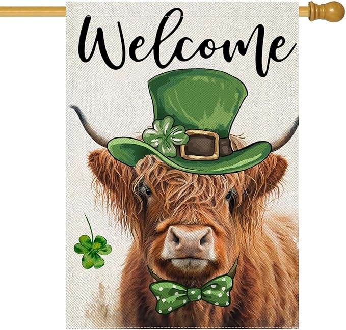 Welcome St Patricks Day House Flags for Outdoor Decoration, Highland Cow with Green Hat Lucky Shamrocks Large Yard Flag, Decorative Irish Celebration Decor for Seasonal Farmhouse Holiday