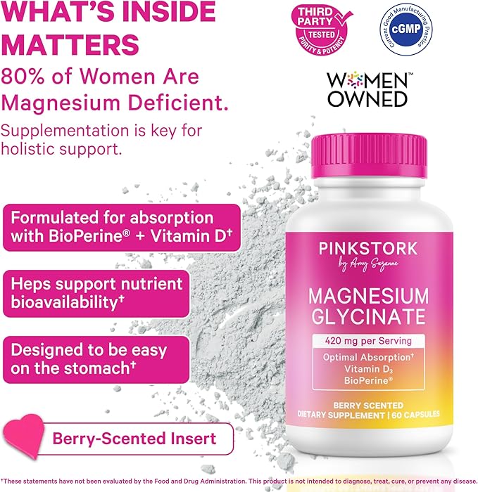 Pink Stork Magnesium Glycinate with Vitamin D - Magnesium Supplement for Women to Support Natural Calm, Mood, and Sleep - Hormone Balance for Women - 60 Capsules, Berry Essence, 1 Month Supply