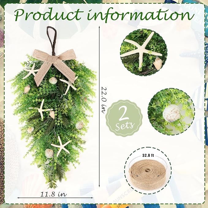 2 Pcs 24"Seashell Starfish Teardrop Swag Wreath with Green Leaves for Front Door Wedding Rustic Farmhouse Costal Starfish Conch Shells Wreath for Indoor Outdoor Spring Summer All Seasons Home Decor ﻿