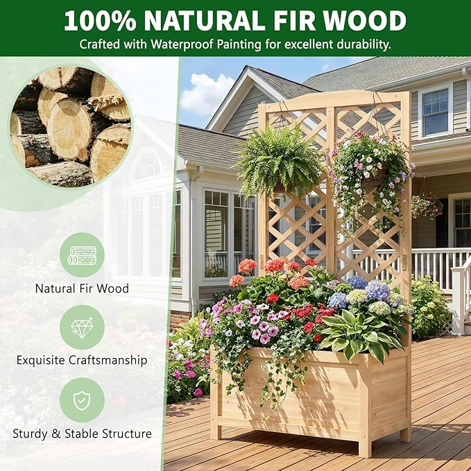 Wooden Raised Garden Bed with Trellis, Freestanding Planter Box with Drainage for Vines Climbing Plants Flowers Herbs, Elevated Gardening Planter for Backyard Balcony Patio