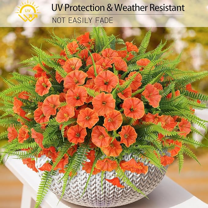 HIAGROW Artificial Fall Flowers for Outdoors 12 Bundles Fake Mums Petunias Flowers UV Resistant Shrubs Plants with Fern for Indoor Outside Hanging Planters Home Garden Autumn Thanksgiving Decorations