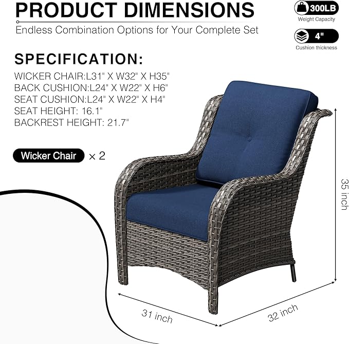 Joyside Patio Chairs Set of 2, Wicker Patio Furniture with High Back, Deep Seating, Wide Armrest, Thickened Cushions, Outdoor Rattan Furniture for Deck, Porch Use