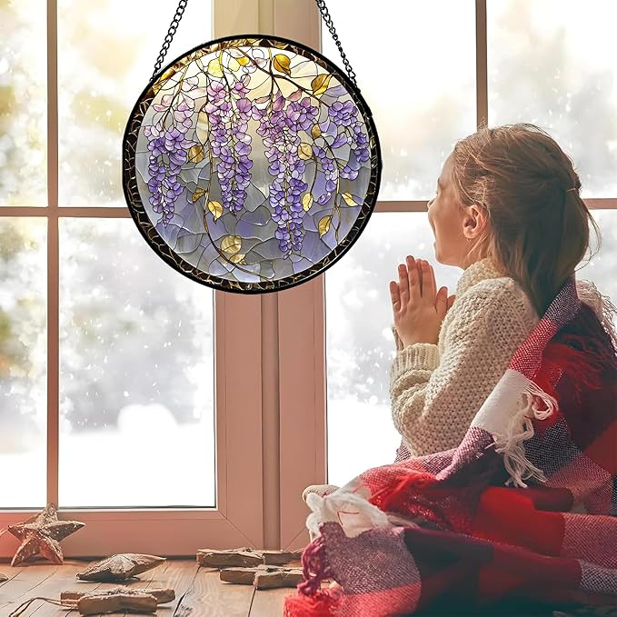 AMDERVEN Stained Glass Window Hanging - Wisteria Flower Golden Leaves Sun Catcher for Door Home Decor Plant Suncatcher Christmas Mother's Day Birthday Gifts for Women Men Lovers Mom Nana 7.8 in