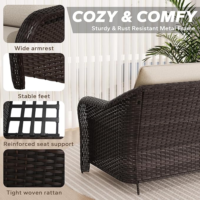 Patio Sectional Couch Set | 55" 2-seat Patio Sofa with 2 Ottomans, Outside Wicker Sofa with Removable Cushions for Bistro, Deck Outdoor Conversation Furniture Set (Beige)