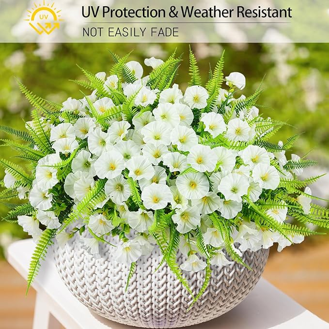 HIAGROW Artificial Flowers Outdoors 12 Bundles White Artificial Petunias Fake Flowers UV Resistant Shrubs Plants with Fern for Indoor Outside Hanging Planters Home Garden Summer Decorations