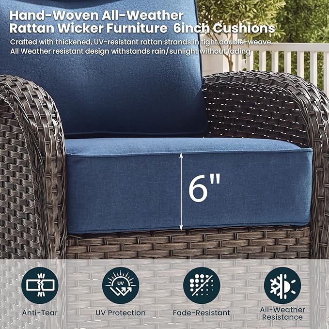 Luxury 6-Inch Cushion Outdoor Swivel Rocker Patio Chairs with Side Table, High Back Wicker Patio Furniture Set for Deck Porch Garden Balcony and Poolside Blue Cushion