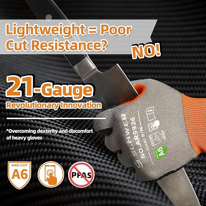 Schwer A6 AIR-SKIN Cut Resistant Work Gloves, Comfortable & Breathable, 21-Gauge Seamless Knit Flexible Safety Working Gloves with Grip for Refined Tasks, Touch-screen, Non PFAS, 1 Pair, XL, AR5926