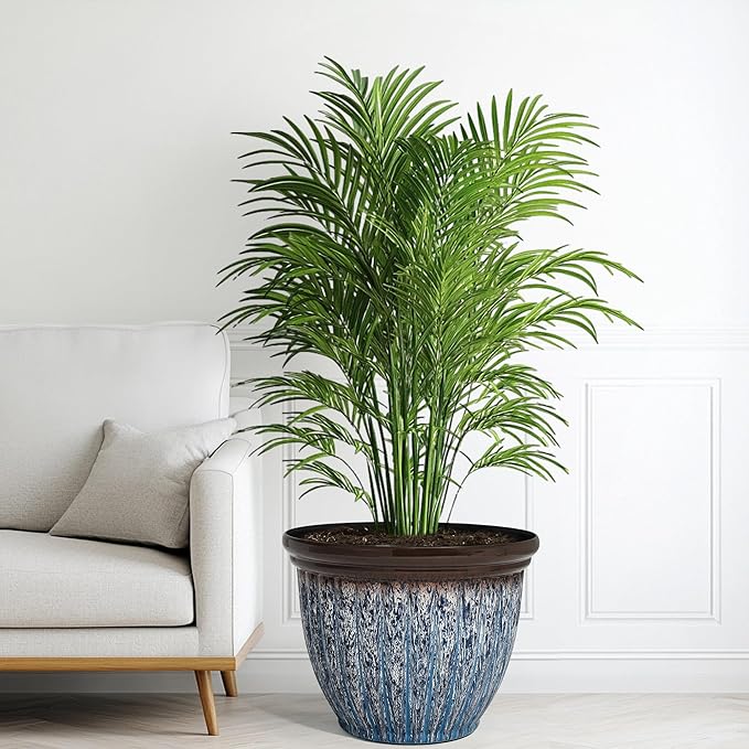 Ultym 15" D Large Flower Pots, 2-Pack Big Planters for Indoor Outdoor Plants, UV-Protect PP Container for Garden Patio Yard Balcony Porch or Home Decor, Artistic Floating Blue & Brown Glaze