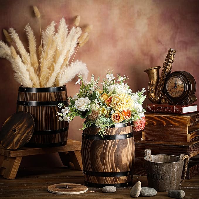 6 Pcs Wood Wine Barrel Vase Vintage Flower Vase Container Rustic Barrel Planter for Wedding Reception Table Decoration Home Indoor Outdoor Garden Kitchen Party (8 x 6.5 Inch)