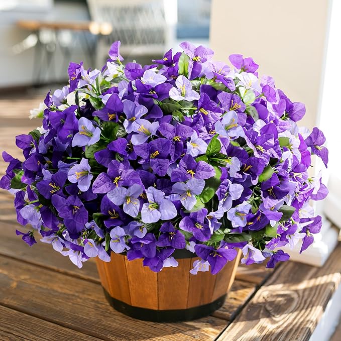 Artificial Spring Flowers for Outdoors, 4 Bundles Fake Bougainvillea UV Resistant Silk Flowers for Outside Faux Outdoor Plants for Planter Patio Porch Window Garden Home Decoration, Mixed Purple