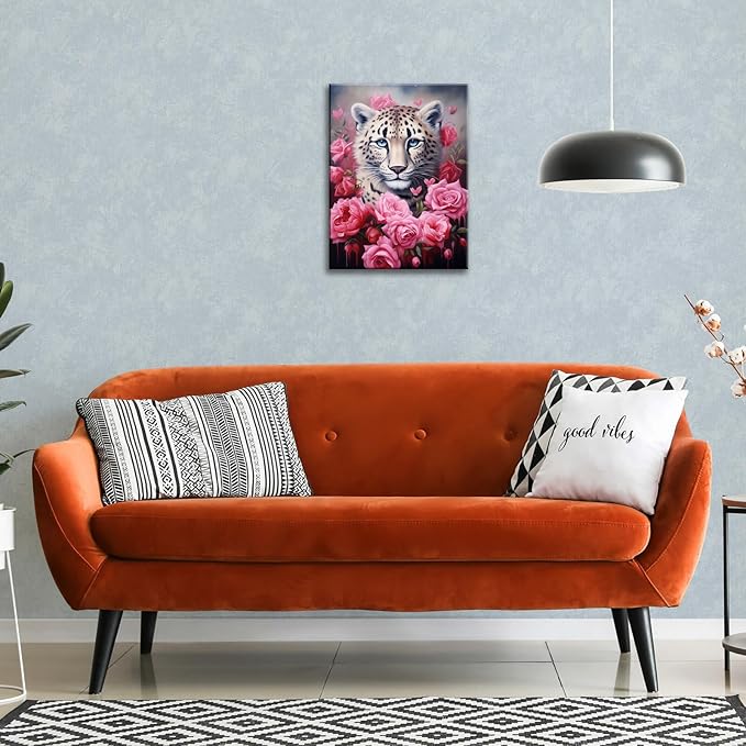 FUNHUA Rose Leopard Wall Art Wildlife Animal Poster Pink Rose Teens Little Girls Women BedroomLittle Girls Room Nursery Toddler Wall Art Framed Artwork for Modern Living Room Bedroom Bathroom 12x16inches