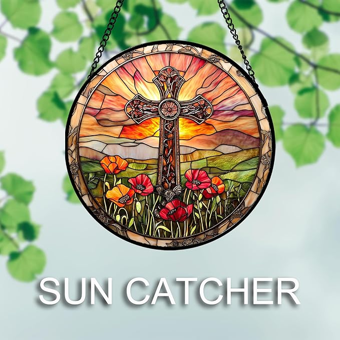 JOSUMALY Christian Gifts for Women - Cross Stained Glass Window Hanging Jesus Easter Poppy Sunset Landscape Sun Catcher Garden Religion Decor Mother's Day Catholic Gift for Men Grandma Mom Her 15"