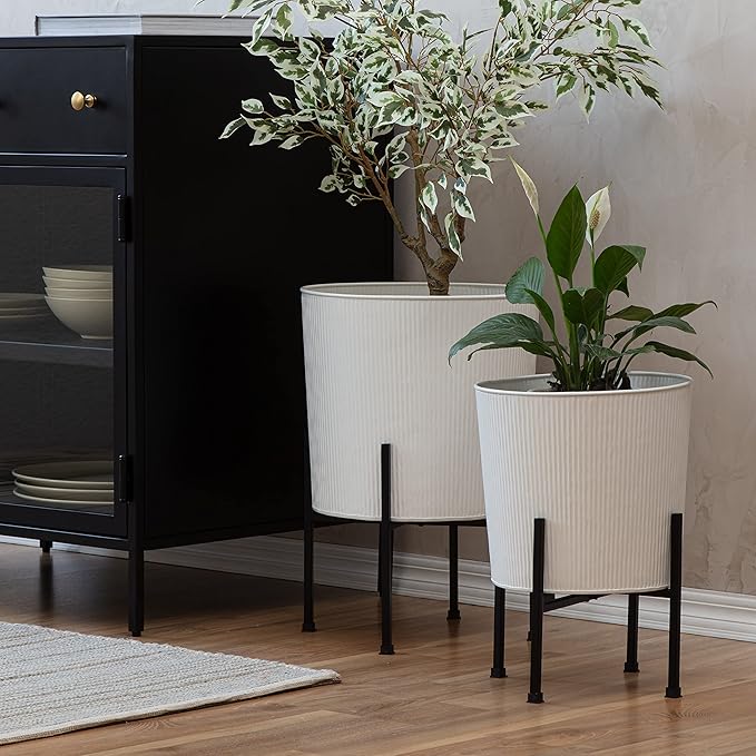 Saffron Fabs Metal Planters with Stand - Set of 2, White (PL-WHT-SET-3003)
