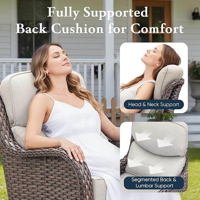 Belord Luxury 6" Thick Cushioned Outdoor Swivel Rocker Chairs Set of 4 with Fire Pit Table, High Back Wicker Patio Furniture Set with Ergonomic Zone Back, Conversation Set for Deck Porch - Brown+Beige