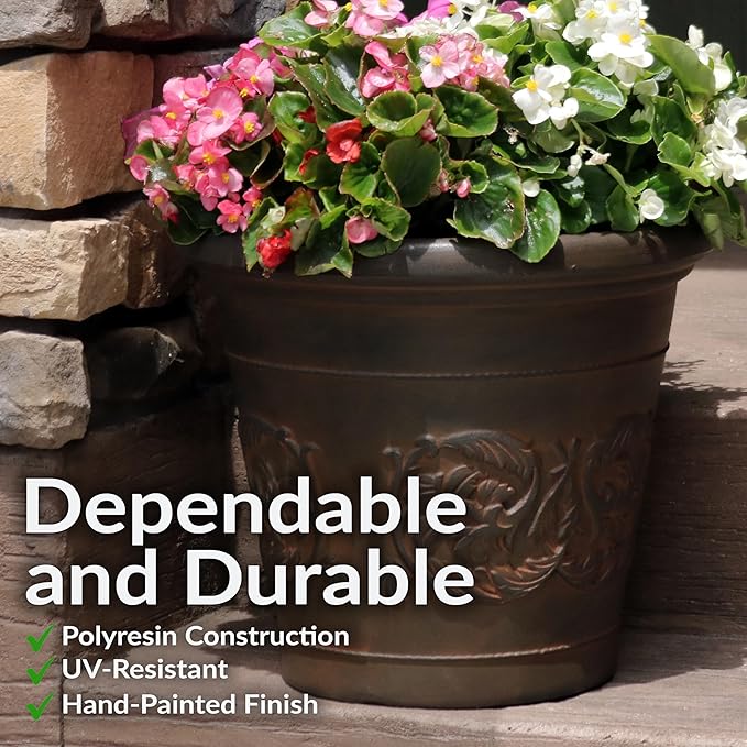 Sunnydaze 16-Inch Arabella Large Plant Pot - Polyresin Insulated Round Outdoor Planter with Drillable Drainage Holes - 2 Pack - Rust
