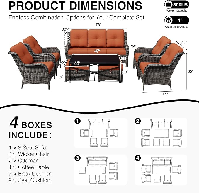 Joyside 8 Piece Wicker Patio Furniture Set, Rattan Patio Chairs with High Back, Deep Seating, Wide Armrest, Thickened Cushions, Outdoor Furniture for Deck, Porch Use