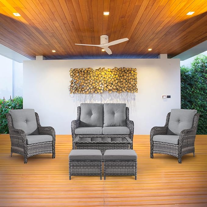 Belord 6 Pieces Patio Furniture Set Outdoor Wicker Furniture, 2 Patio Wicker Chairs with 1 Loveseat Sofa, Coffee Table and Ottomans, Patio Conversation Set for Porch Garden Deck Balcony Poolside