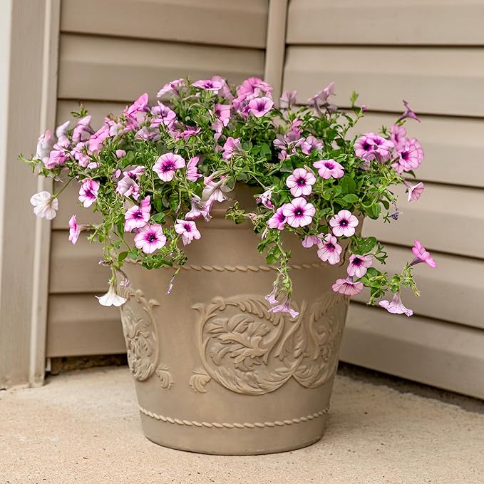 Sunnydaze 19.5-Inch Arabella Large Plant Pot - Polyresin Round Outdoor Planter with Drillable Drainage Holes - 2 Pack - Beige