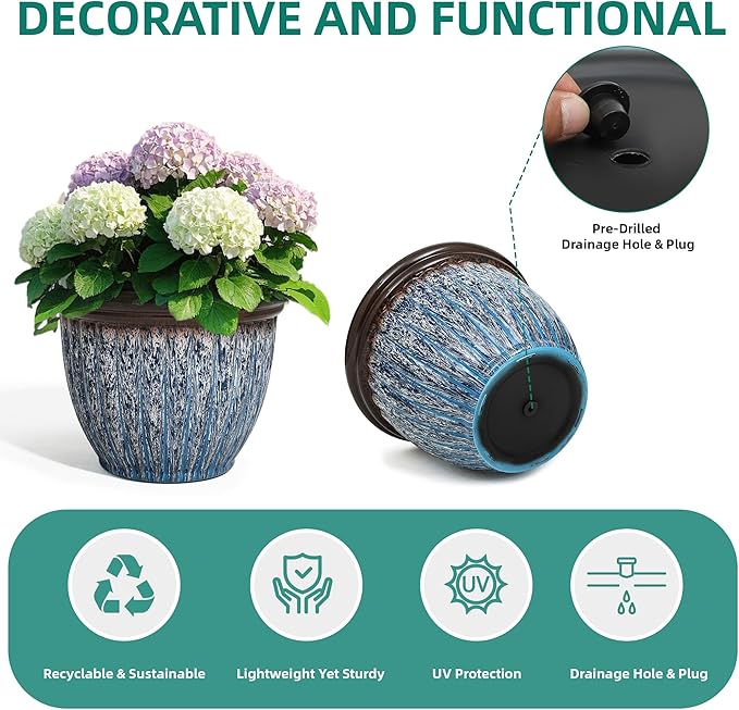 Ultym 15" D Large Flower Pots, 2-Pack Big Planters for Indoor Outdoor Plants, UV-Protect PP Container for Garden Patio Yard Balcony Porch or Home Decor, Artistic Floating Blue & Brown Glaze