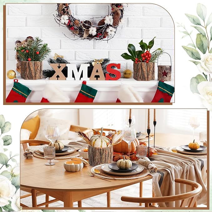3 Pcs Wooden Vase for Centerpieces Woodland Table Decor Wooden Flower Vase Rustic Bark Stump Buckets Vintage Wood Planter Pots for Garden Party Wedding Window Home Farmhouse (Large)