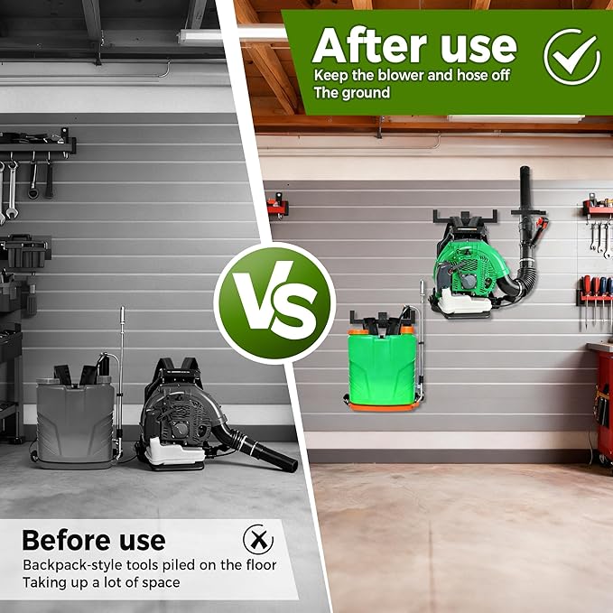 Backpack Leaf Blower Hanger with Hose Holder,Heary Duty Backpack Blower Sprayer Rack,Backpack Blower Wall Mount,Backpack Hanger for Weed Eater,Hedge Trimmer,Chain Saw,Garage Organizer Storage(1 PCS)
