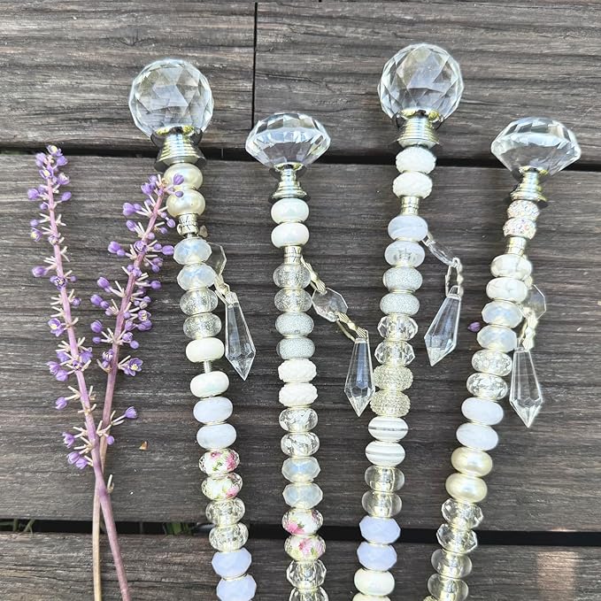 Exway 100 PCS DIY Fairy Wand Beaded Garden Stake Beads Kits with White Large Hole Beads 4 Crystal Stopper Top Threaded Rods and 4 White Sparkling Crystal Pendants for Outdoor Indoor Decor