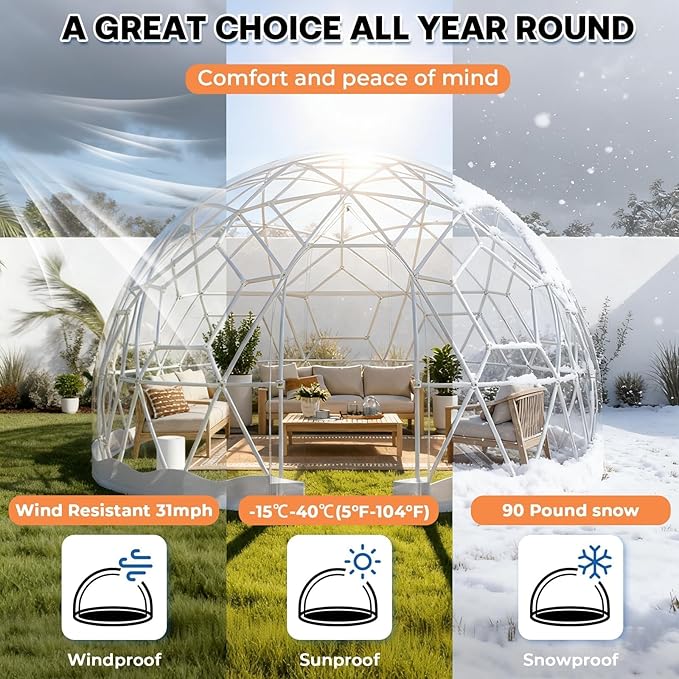 Garden Dome Tent 12*7.2FT, 360° View Geodesic Dome Greenhouse with PVC Clear Cover, Waterproof Garden Bubble Dome Tent House with 2 x 10M Light Strings for Outdoor, White