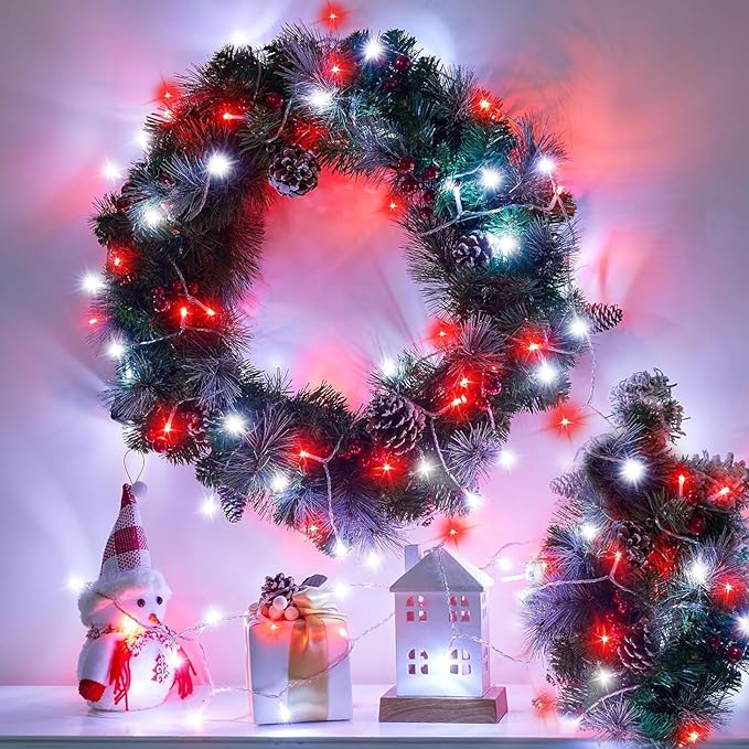 250 LED Red and White Christmas Lights Outdoor, 82ft String 8 Modes Clear Wire, Plug-in Waterproof Twinkle Fairy Lights for Bedroom Christmas Decorations