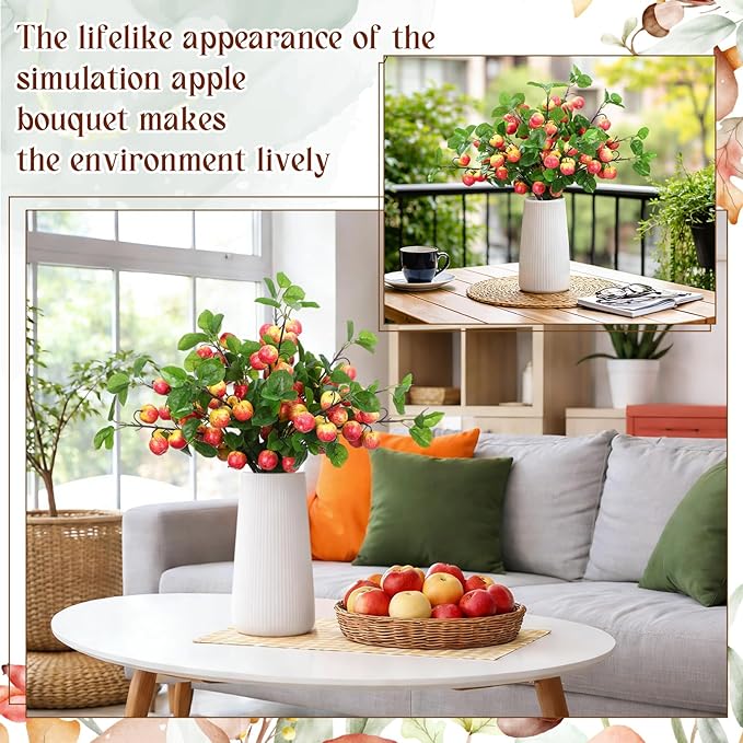 10 Pcs 27.56 Inches Artificial Fake Apple Branches Realistic Tall Apple Bouquets Tree Branch with Long Stem and Green Leaves Fruit Plant for Home Office Vase Filler Shop