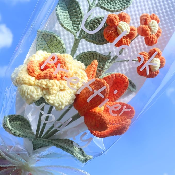 YOOJEE Crochet Flower Bouquet Yellow Rose Tulip Christmas Day Gift - Pet-Safe Handmade Knitted Florals for Women Coworkers Teachers with Greeting Card