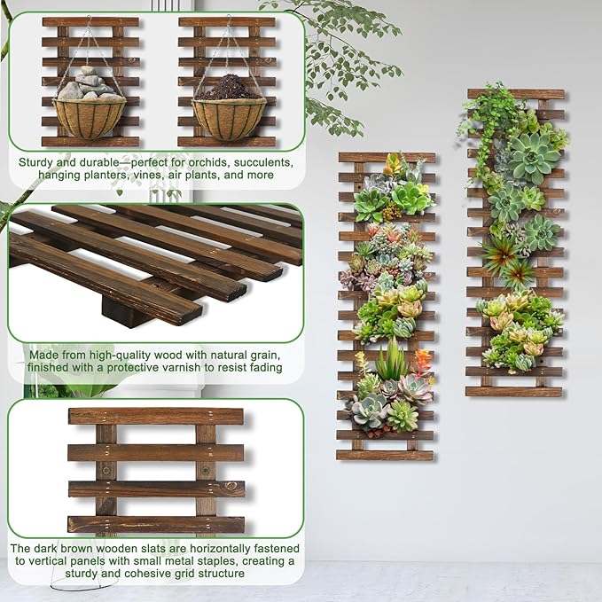 2 Pcs Wall Planters - 11.4"W x 35.43"H Wooden Wall Planters for Indoor Outdoor Plants,Hanging Wood Wall Trellis,Wall Mounted Plant Holder for Orchids,Succulent,Air Plants,Hanging Pots Display