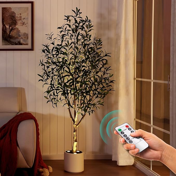 Verinatural Olive Trees Artificial Indoor 6FT - Realistic Fake Plants with Remote LED Spotlights, White Planter - Faux Olive Tree for Home Living Room Office Floor Bedroom Decor,VN214