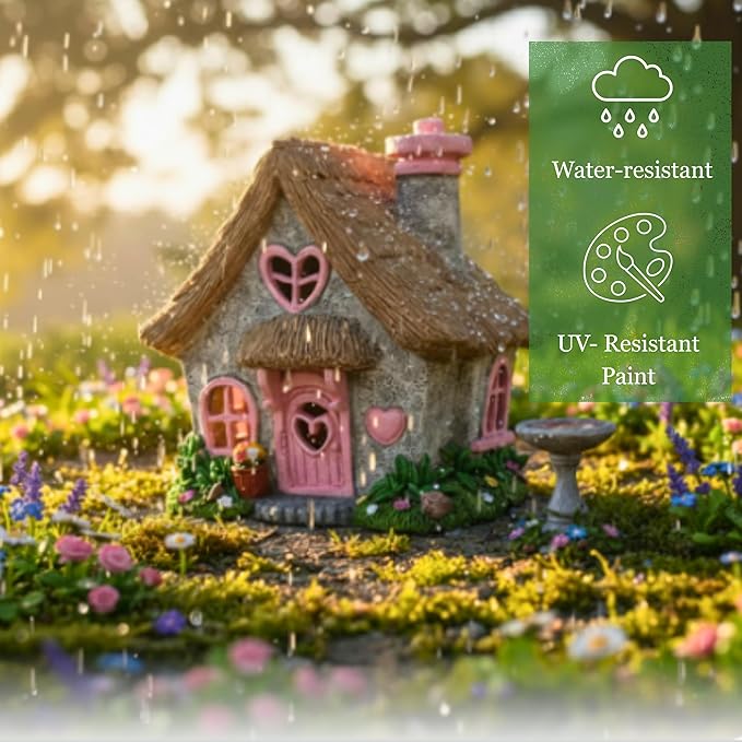 PRETMANNS Fairy House for Outside with Solar Powered LED Lights for Garden - Fairy Garden Houses for Outdoor - Miniature Accessories for Cottage Decor for Village - 7.56” High, Pink