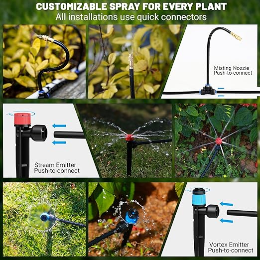 Drip Irrigation Kit, DIY Automatic Garden Watering System with Push-Fit Connectors, 2026 New Upgraded Water-Saving Design, 3 Adjustable Nozzles for Yard, Greenhouse, Lawn & Potted Plants (100FT)