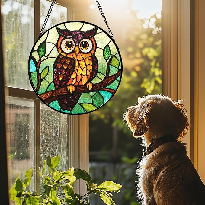 HWRHTR Stained Glass Window Hanging - Owl on a Branch Suncatcher for Doors Window Home Orange Brown Sun Catchers Decor Christmas Mother's Day Birthday Gifts for Teacher Women Men Mom Nana 6.3 in