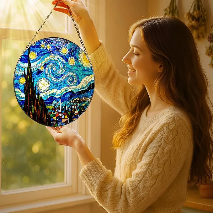 LAOWEIKI 8'' Van Gogh Starry Night Sun Catcher Ornament, Stained Glass Window Hanging, Sun Catchers for Windows Hanging Ornaments, Window Decor, Ideal Gift | Gifts for Art Lovers, Friends, Family