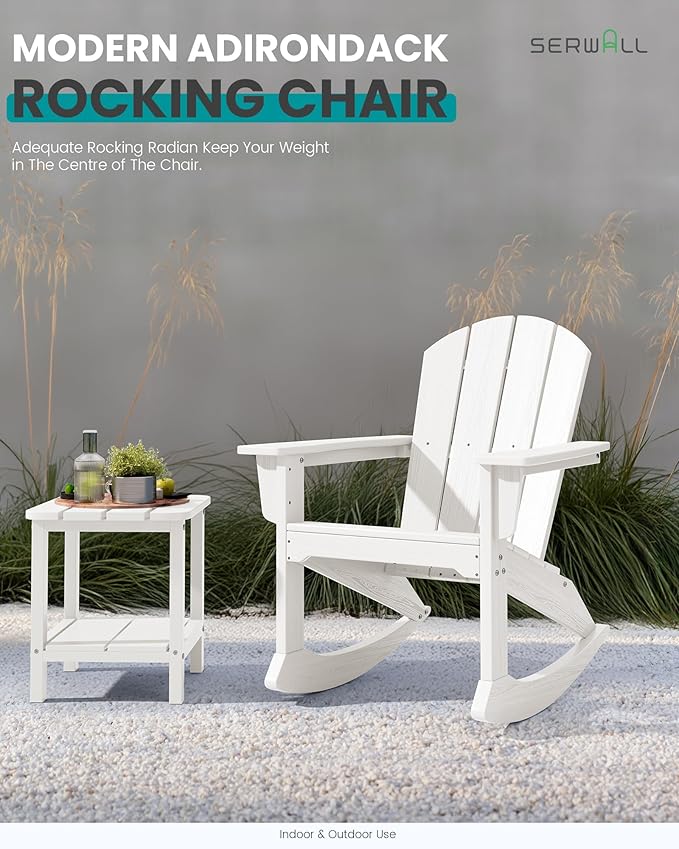 SERWALL Outdoor Adirondack Rocking Chairs of 4, All-Weather HDPE Adirondack Rocker Chair, Front Porch Rocker Chairs for Patio Lawn Porch Deck, White
