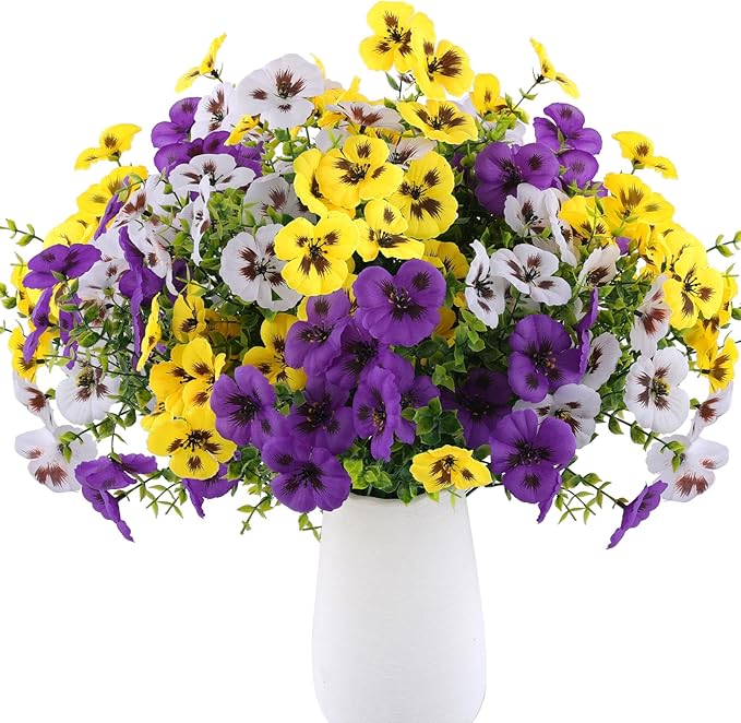 Rowfad 36 Pcs Artificial Fake Pansy Flowers for Outdoor, Faux Silk Pansies Spring Flowers for Outside for Planter Front Door Porch Yard Patio Window Box Home Decor (36, Purple, Yellow, White)