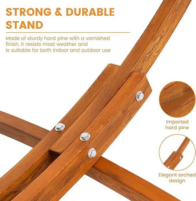 Lazy Daze Hammocks Cotton Fabric Spreader Bar Hammock and 10.5 Ft Wood Arc Hammock Stand Combo, for Indoor, Outdoor, Patio, Backyard, Blue and White