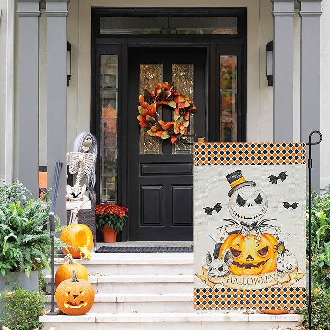 Halloween Jack Skellington Decorative Burlap Garden Flag, 12x18 Inch Double Sided Nightmare Before Christmas Pumpkin King Happy Halloween Small Vertical Flags,Outdoor Home Patio Porch Yard