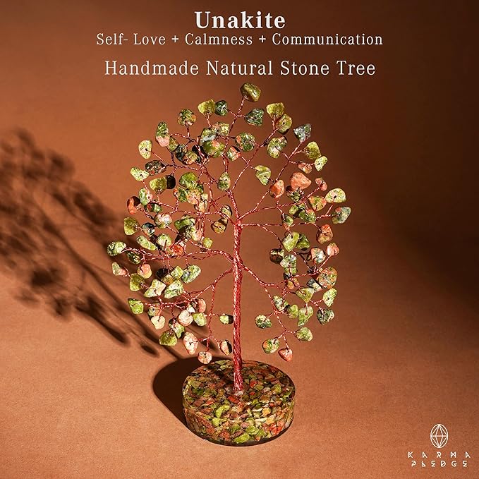 Crystal Tree for Home and Office Decor, Unakite Chakra Healing Stones Handmade Feng Shui Bonsai Tree of Life for Positive Energy, Money, Good Luck, Christmas Decor, Birthday Gifts for Women, Mom