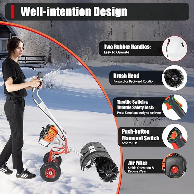 52cc Gas Powered Walk Behind Snow Sweeper, 2.5HP 2-Stroke Folding Snow Blower with 20-Inch Brush, Driveway Turf Snow Broom for Driveway, Sidewalk, Patio Light Snow Removal & Yard Cleanup