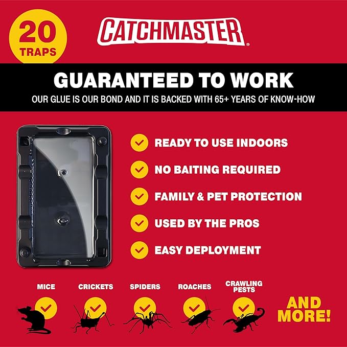 Catchmaster-20 Mouse & Insect Glue Traps, Heavy-Duty Pesticide-Free Sticky Mouse Traps Indoor for Home, Used by The PROs, Adhesive Rodent & Bug Catcher, Pest Control for House & Garage