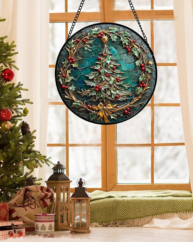 DASTOLL Stained Glass Window Hangings - Red Gold Green Wreath Suncatcher for Door Home Christmas Tree Decoration Sun Catcher Thanksgiving New Year Birthday Gift for Women Men Mom Grandma 7.8 in