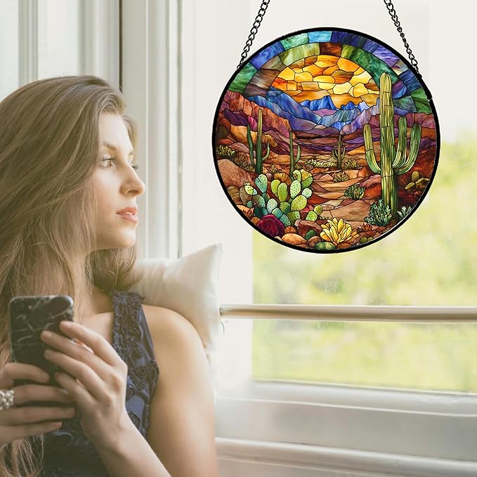Stained Glass Window Hanging Cactus Mountains Landscape 6.3" - Suncatcher Door Garden Sunroom Sun Catcher Home Decor Birthday Christmas for Mom Men Woman Nana